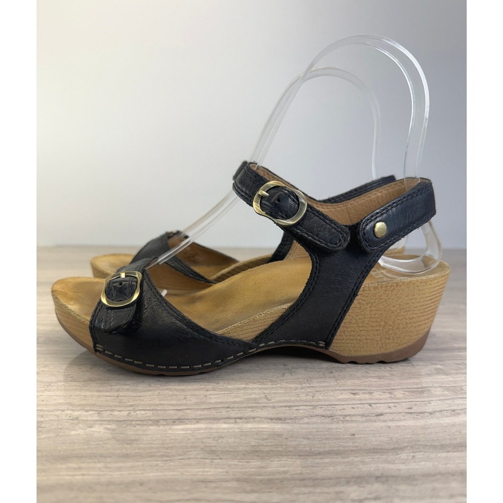 Dansko Womens Size 36 Sandals Thea Black Leather Wedge Clog Buckle Comfort